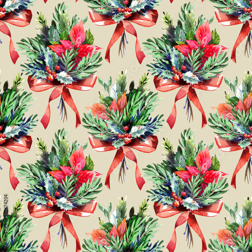 Seamless Pattern of Christmas Bouquet. Watercolor Backgroud.