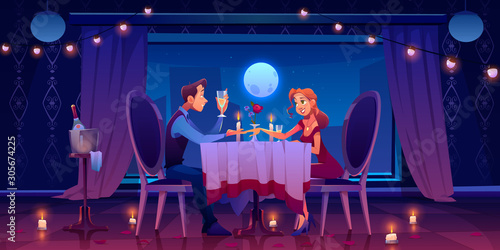 Couple romantic date dinner, man holding woman hand sitting at served table in dark room at window with view of moon in night sky drinking champagne, candles, flower petals Cartoon vector illustration