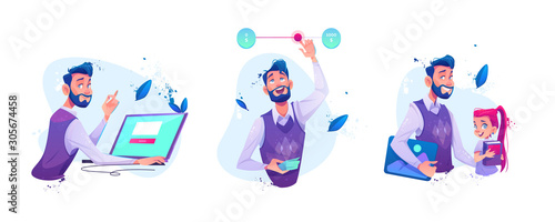 Man sitting at laptop with web page on screen make online order, businessman moving slider switch button for adjustable price or budget money limits, teacher and schoolgirl Cartoon vector illustration