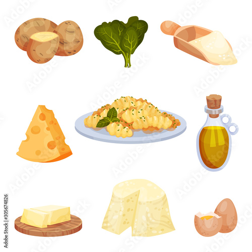 Gnocchi Ingredients Vector Set. Bundle of Products Needed for Gnocchi Cooking