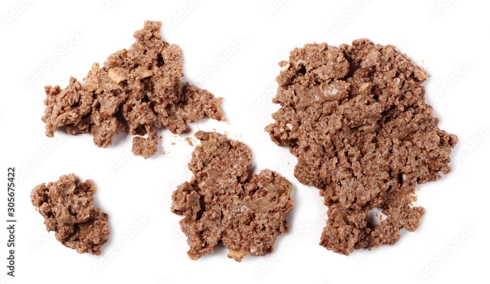 Cat food with chicken and turkey isolated on white background, top view Cat food with chicken and turkey isolated on white background, top view