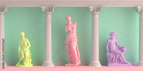 3d-illustration of interior with antique statues Discobolus, Venus, nymph