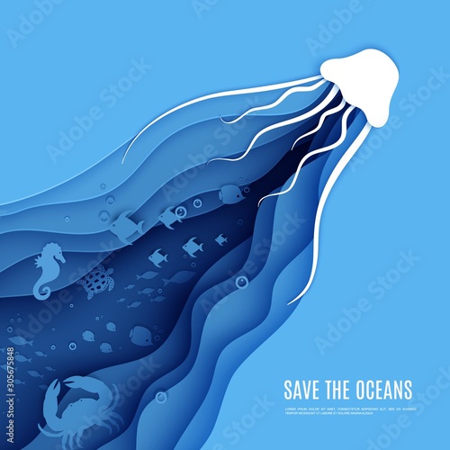 Paper cut butterflyfish, jellyfish, moonfish, turtle, hippocampus, crab, octopus. Paper craft square background under ocean cave with fishes coral reef seabed in algae waves. Vector sea marine life.