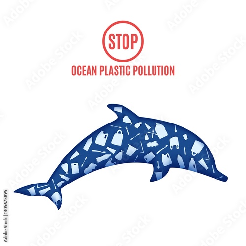 Dolphin inside plastic waste in paper cut style. Poster design template stop ocean plastic pollution. Vector ecological concept. Craft cardboard underwater ocean cave in blue color