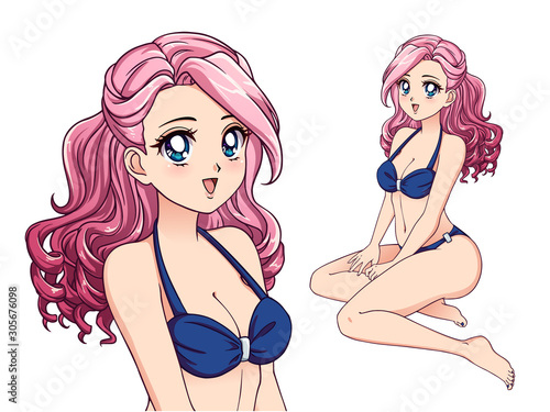 Anime girl wearing blue swimsuit. Pink curly hair, big blue eyes.