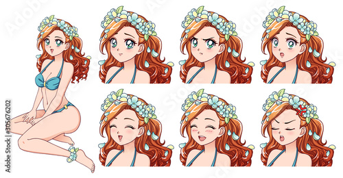 Set of anime expressions. Hand drawn cute girl with curly red hair, wearing blue swimsuit and flower wreath. Can be used for avatar, game, poster, novel, card, sticker, shirt design.