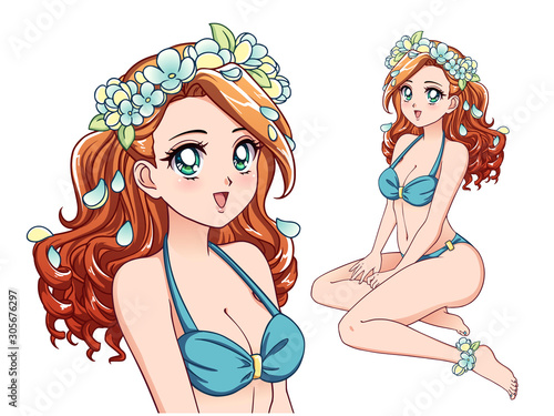 Anime girl wearing blue swimsuit and flower wreath. Red curly hair, big brown eyes.