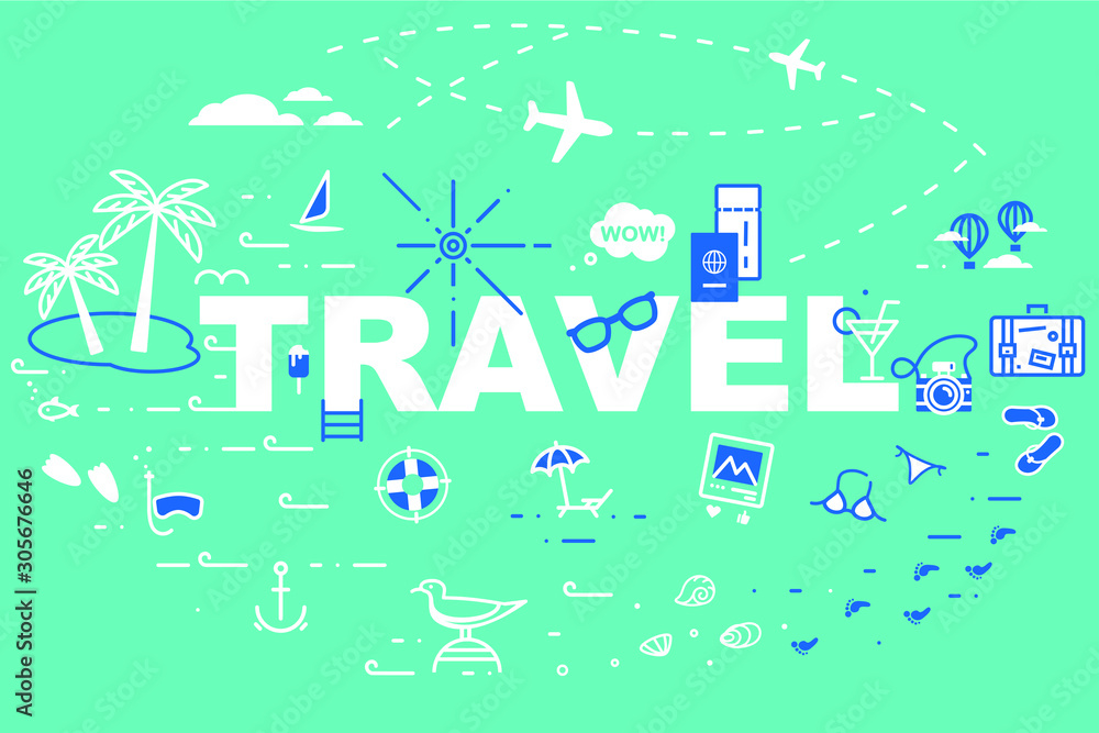 Travel vector graphics. Tourism icons. Summer trip to the sea on the beach.