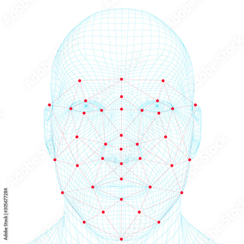Face recognition men. The polygonal wireframe of the head of a man demonstrates face recognition technology. A lot of points and lines for recognizing a persons personality. Vector illustration