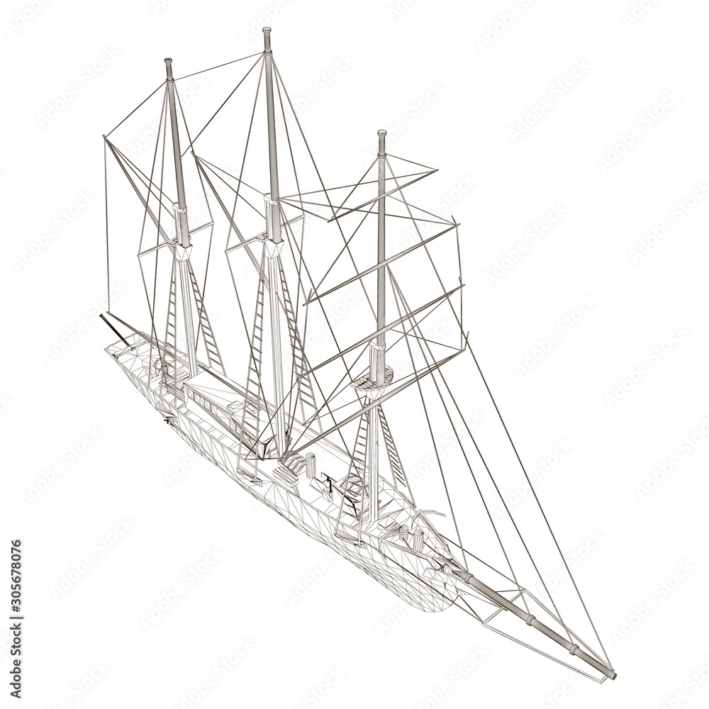 Wireframe sailing ship. View isometric. The contour of an old ship. Vector illustration