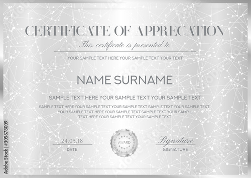 Certificate vector template with silver background, border and emblem. Formal secured Guilloche pattern for Diploma, deed, certificate of appreciation, achievement