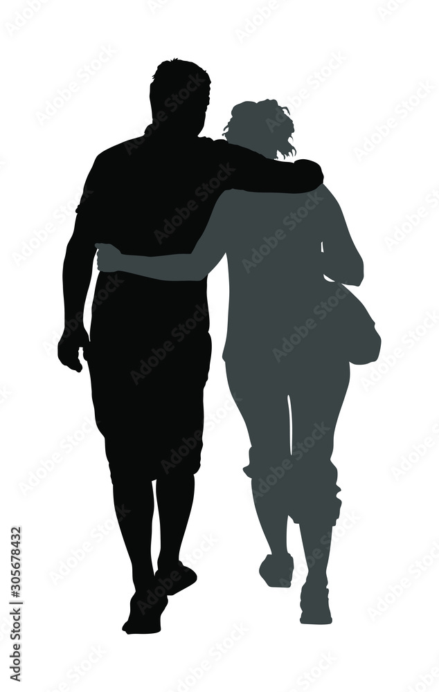 Happy couple in love in hug walking, vector  silhouette illustration isolated on white background.  Boyfriend and girlfriend hugging on date. Woman and man closeness and tenderness in park outdoor.