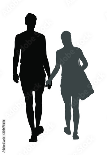 Young couple in love walking and holding hands vector silhouette. Happy time for lovers. Beautiful back view of sport tall people. Boyfriend and girlfriend closeness after beach. Sun ten protect.
