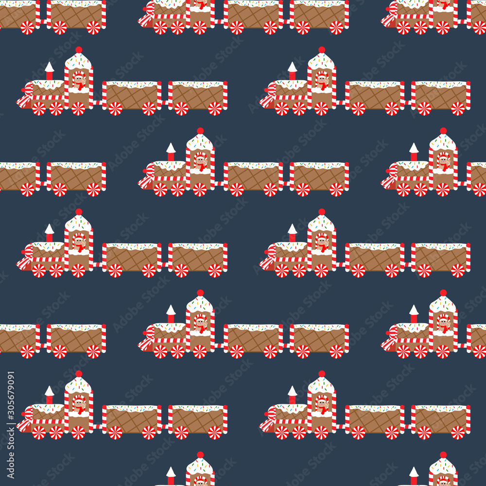 Christmas gingerbread train vector seamless pattern