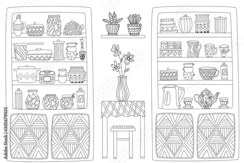 sweet kitchen with cupboards and table. outline drawing for your