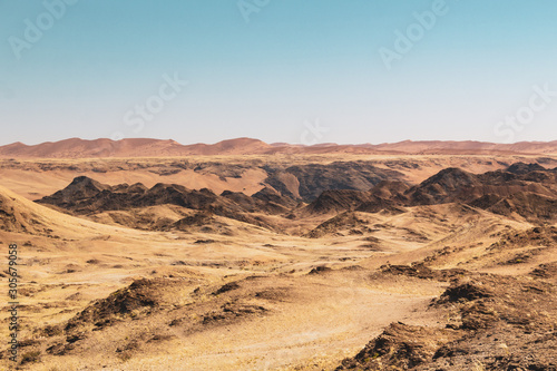 Kuiseb Canyon with red dunes in the background, moonscape, Namib desert, Namibia, Africa
