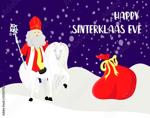 Cute greeting card with Saint Nicholas with mitre, pastoral staff and falling snow. European winter tradition. Hand-lettered text. Flat design, vector illustration.