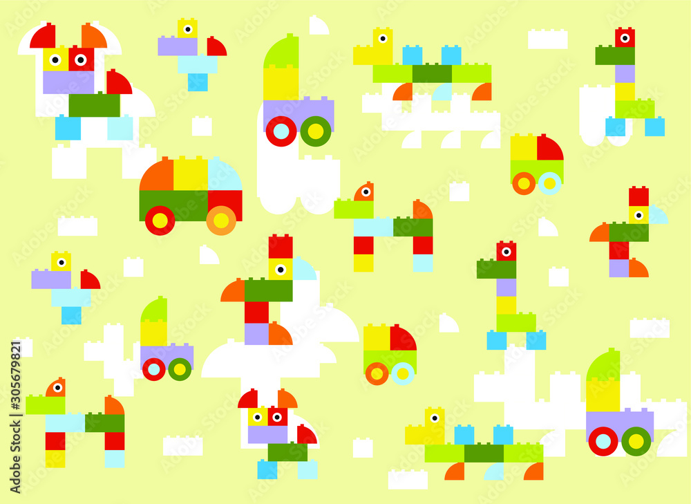 a background of plastic blocks, figures of animals and cars, vector illustration, pattern a background of plastic blocks, figures of animals and cars, vector illustration, pattern