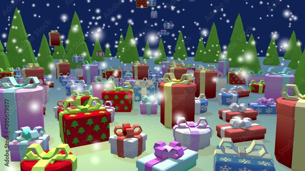 Christmas scene in 3D. Falling gifts , forest, snowflakes, low poly Christmas scene in 3D. Falling gifts , forest, snowflakes, low poly