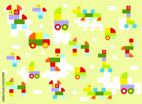 a background of plastic blocks, figures of animals and cars, vector illustration, pattern