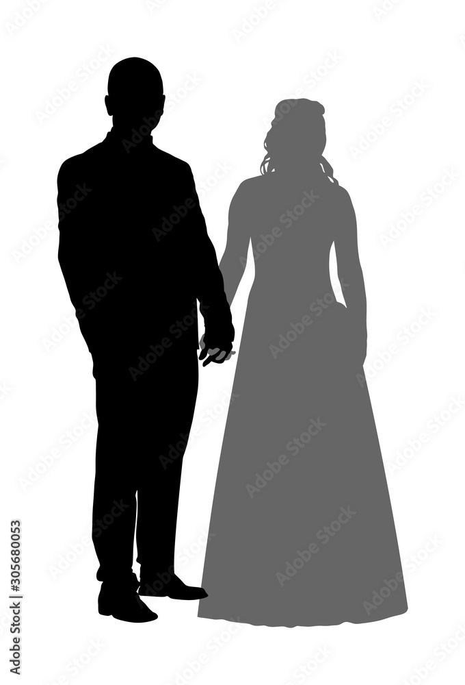 Groom and bride wedding day, in dress and suit vector silhouette. Wedding couple hand holding. Happy bride and groom on ceremony. Just married couple in love. Party celebration.