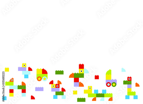 a background of plastic blocks, figures of animals and cars, vector illustration, pattern