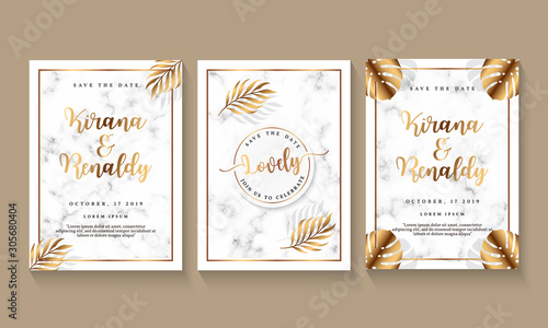 Wedding invitation template with marble background and botanical element