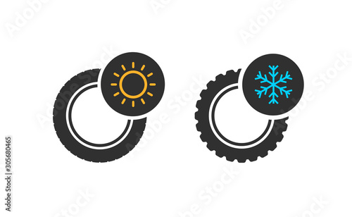 Car wheels with winter and summer tires. Winter tires with snowflake and summer symbols