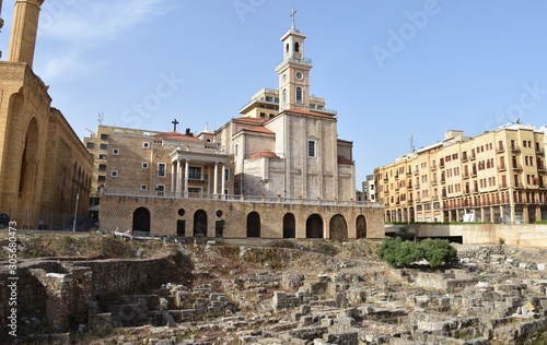 Saint Georges Maronite Cathedral with Roman Ruins in Foreground, Beirut, Lebanon