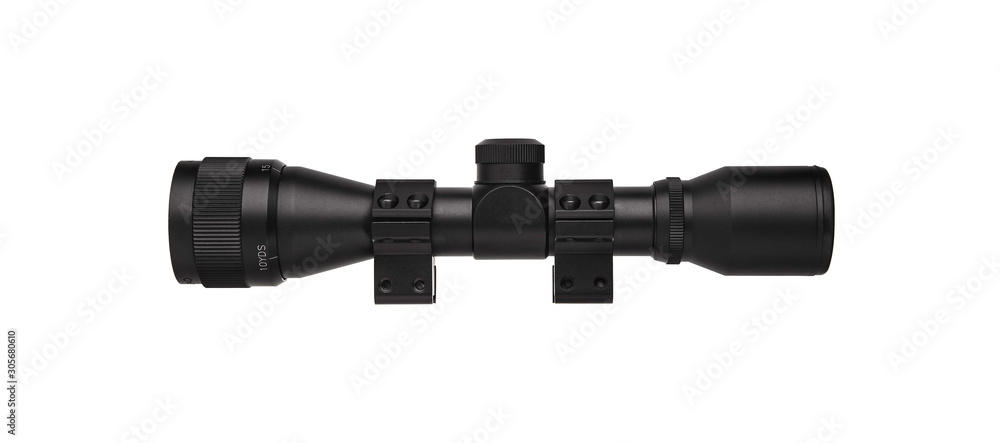 modern black optical scope for weapon isolated on whited. sight scope isolated on white back.