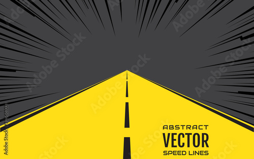 Yellow road leaving far away. Background with speed lines and space for text. Effect motion lines for comic book, manga. Radial rays with effect explosion. Template for web and print design. Vector