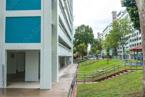 Ground level of Public Housing Apartments, in Singapore. Also know as HDB, these are government built vertical residential housing apartments.