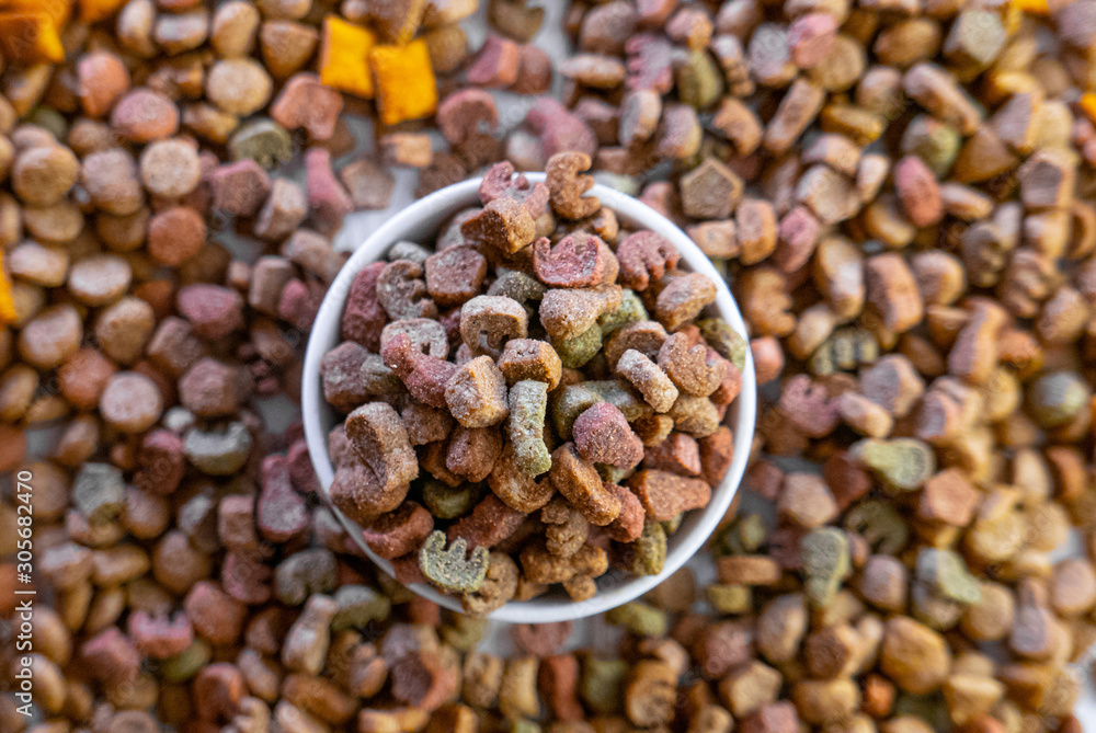 Top view of colorful dry pet food in a white ceramic bowl