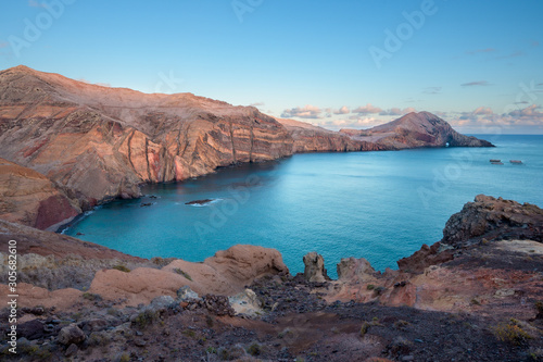 sunset over rocky Ponta Sao Lourenco on Madeira island