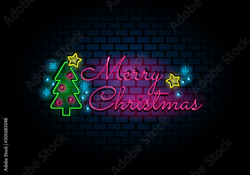 Neon color Christmas light on dark night brick wall include pine tree ornament and snowflake