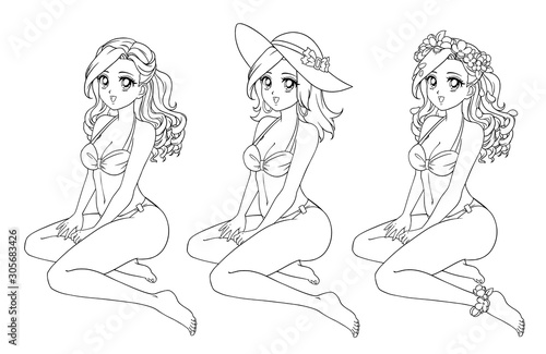 Illustration of three different anime girls, sitting and wearing swimsuits. Hand drawn contour vector illustration. Can be used for coloring book, sticker, game, design template.
