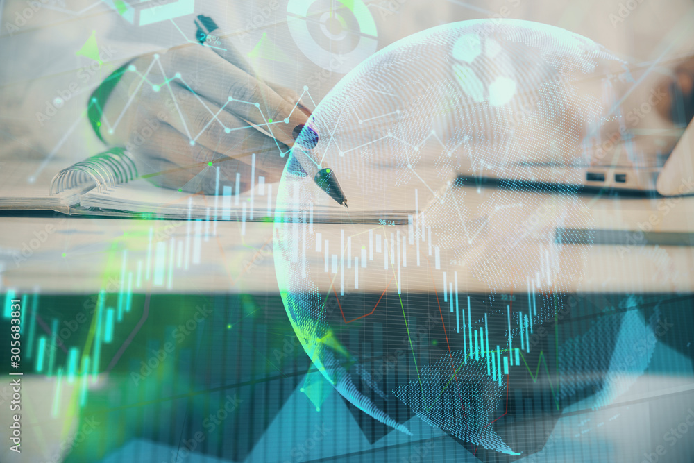 Double exposure of woman's hands making notes with forex graph hologram. Concept technical analysis. Double exposure of woman's hands making notes with forex graph hologram. Concept technical analysis.