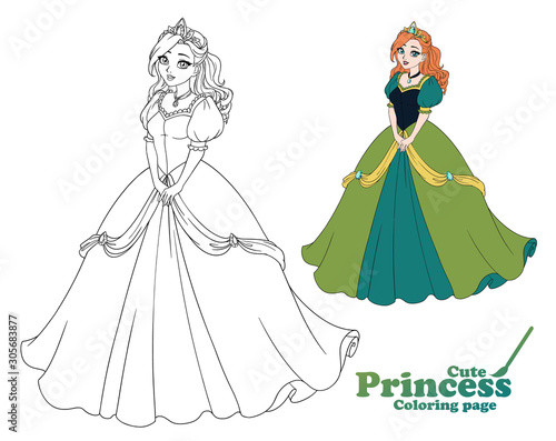 Pretty cartoon princess standing and wearing beautiful long dress.
