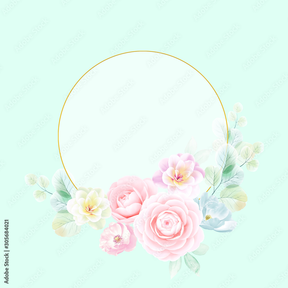 Set of card with flower camellia, leaves. Wedding ornament concept. Floral poster, invite. Decorative greeting card or invitation design background