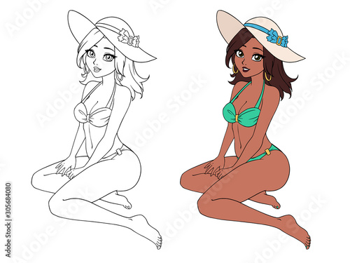 Pretty cartoon girl wearing swimsuit and summer hat. Sitting pose. Vector contour illustration. Can be used for sticker, tattoo, card, poster, shirt design, coloring book.