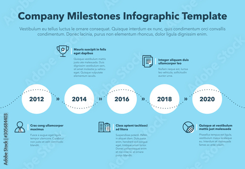 Modern business infographic for company milestones timeline template with line icons - blue version. Easy to use for your website or presentation.