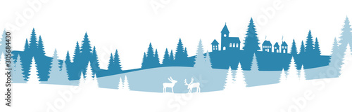 christmas landscape background with village and snow