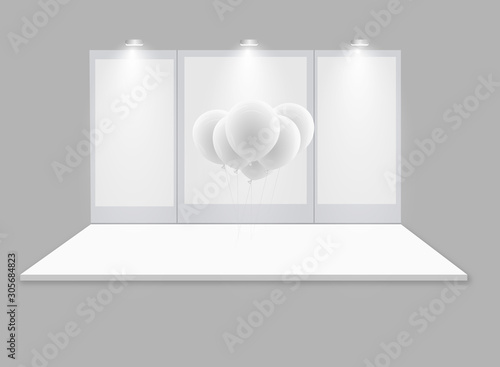 3D exhibition booth. White empty promotional stand with desk. Vector white empty geometric square. Presentation event room display. Blank box template