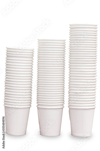 White paper cups stacked in 3 layers in a white background