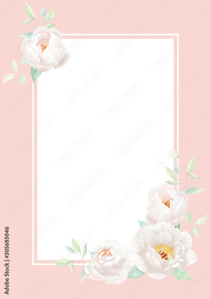 Set of card with flower peony, leaves. Wedding ornament concept. Floral poster, invite. Decorative greeting card or invitation design background