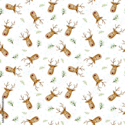 funny christmas seamless pattern with deer and coniferous branches © Kateryna