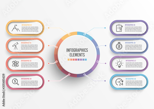 Vector infographic template with 3D paper label, integrated circles. Business concept with 8 options. For content, diagram, flowchart, steps, parts, timeline infographics, workflow, chart.