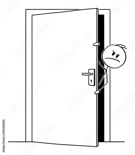 Vector cartoon stick figure drawing conceptual illustration of angry man or businessman peeping out or looking out the slightly open door.