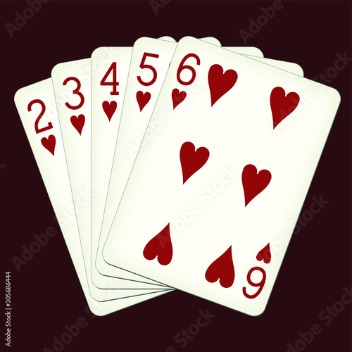 Straight Flush of Hearts from Two to Six - playing cards vector illustration