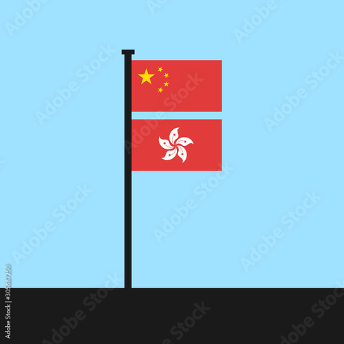 Two flags of Hong Kong and China one one flagpost - one country two systems. HongKong as autonomous and sovereign state in Chinese country. Vector illustration.